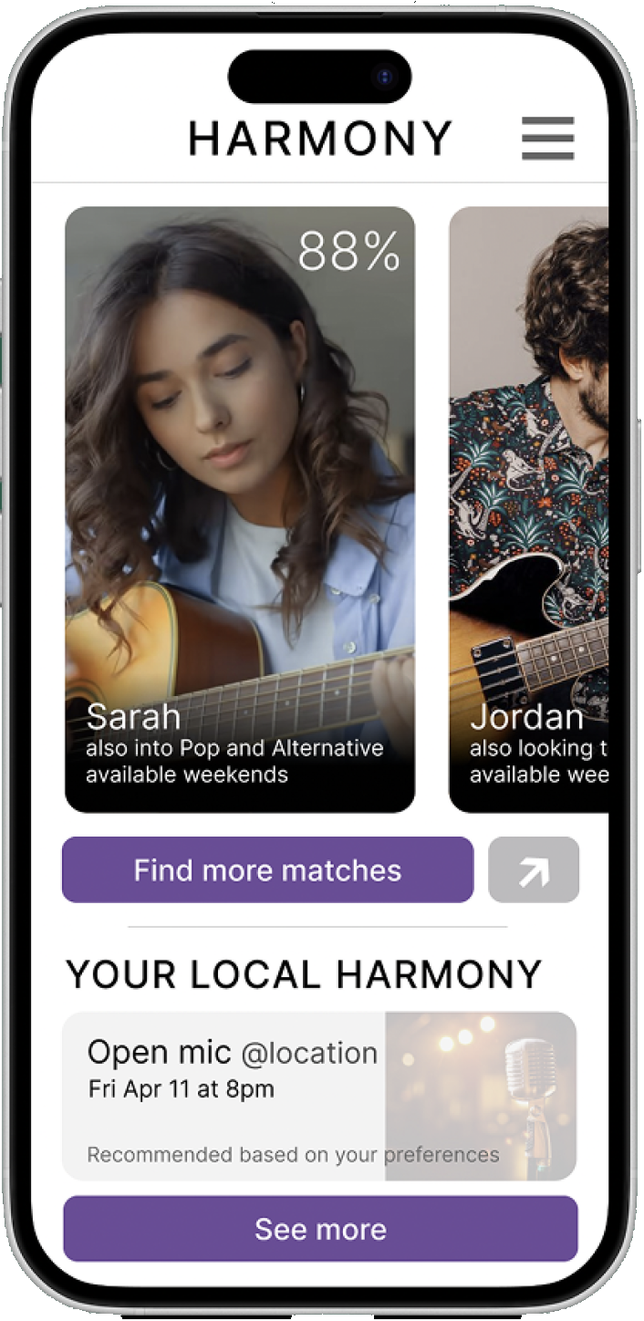 Harmony musician matching interface on a phone screen