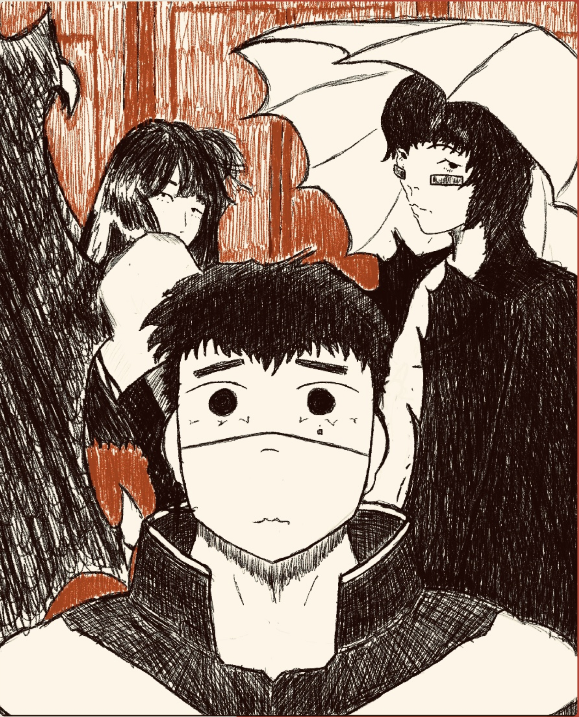 Ink illustration of three figures, one holding an umbrella